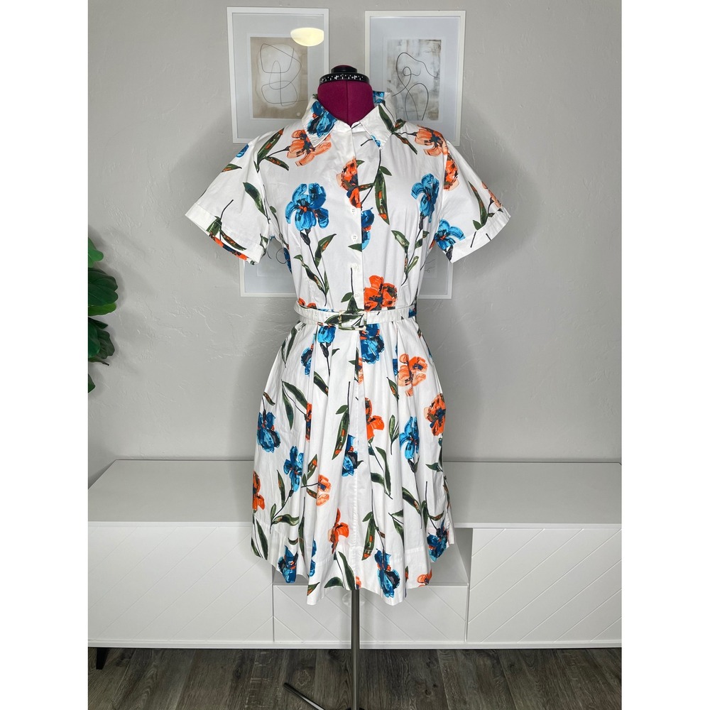 Frances‎ Valentine Shirt Dress Women XL White Floral Belted Short Sleeve Midi
